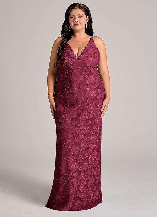 Azazie Tianna Bridesmaid Dresses Burgundy Sheath Lace Floral Burnout Dress image1