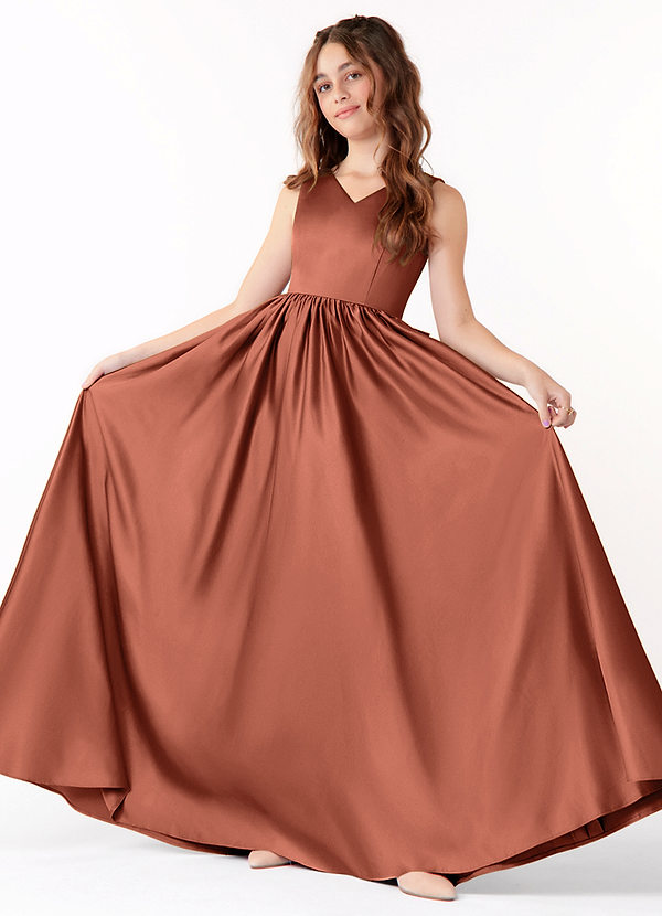 Azazie Hathaway Junior Clay A-Line Bow Stretch Satin Dress image1