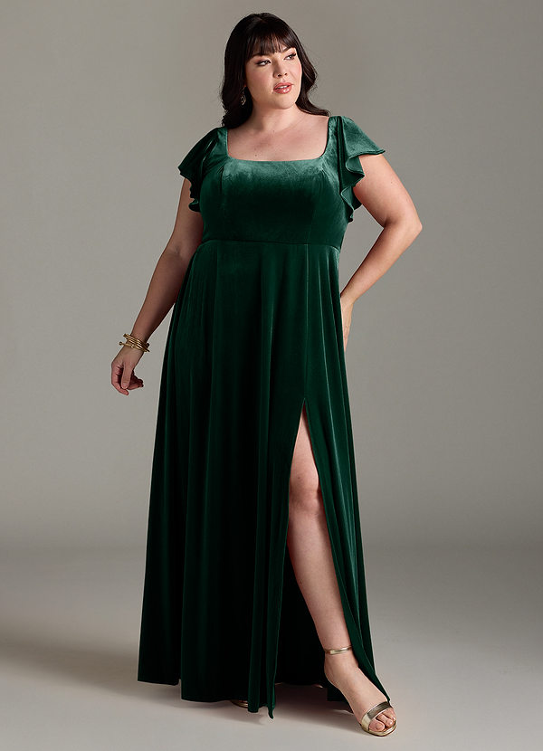Azazie Bondi Bridesmaid Dresses Emerald A-Line Side Slit Velvet Dress image1
