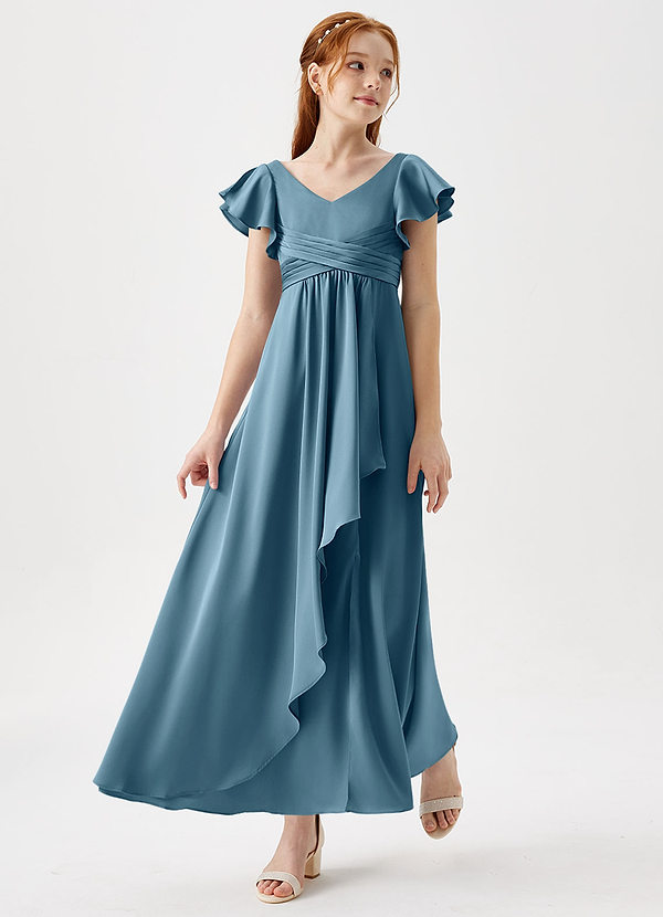 Azazie Omari Junior Bermuda A-Line Pleated Stretch Satin Dress image1