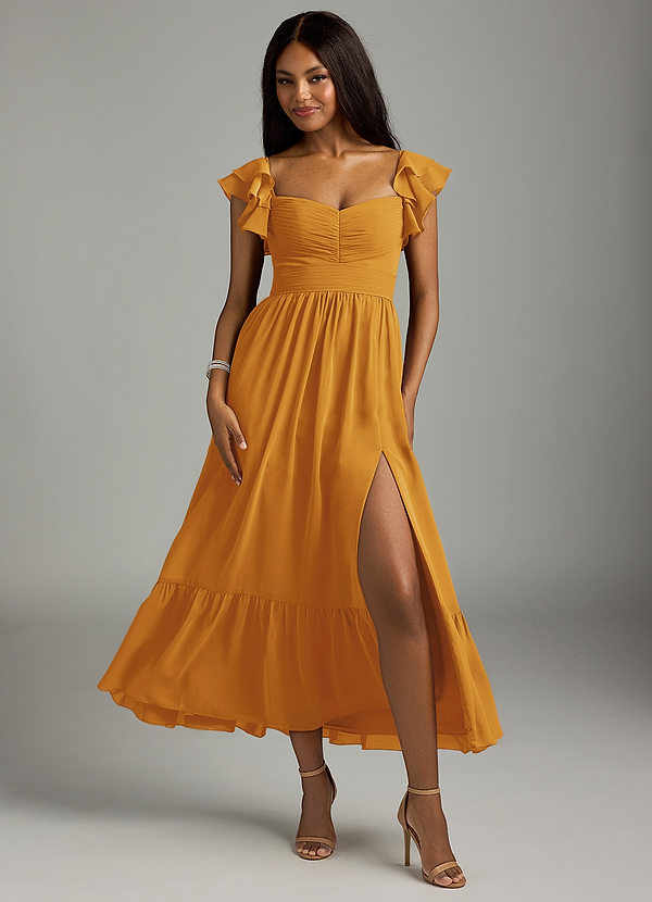 Azazie Anaya Bridesmaid Dresses Butterscotch A-Line Pleated Chiffon Dress image1