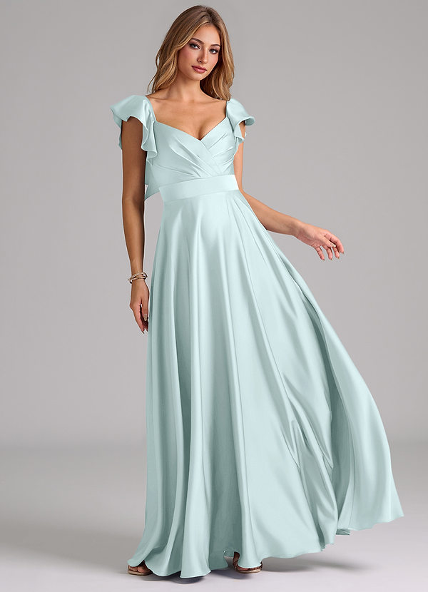 Azazie Leilani Bridesmaid Dresses Sea Glass A-Line Ruched Stretch Satin Dress image1