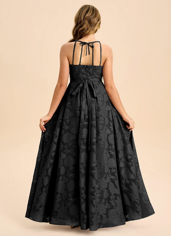 Azazie Arianthe Junior Abito A-Line in Burnout Floreale Plissettato Nero image1
