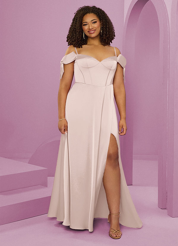 Barbie ♥ Azazie Bridesmaid Dresses Blushing Pink A-Line Off the Shoulder Stretch Satin Dress image1