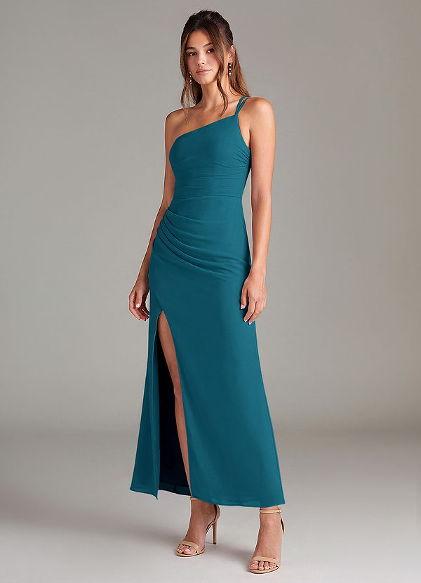 Azazie Eren 신부 들러리 드레스 인어 한쪽 어깨 쉬폰 발목 길이 드레스 image1