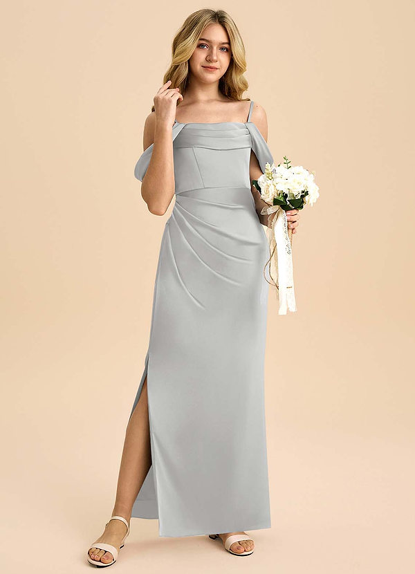 Azazie Saige Junior Silver Sheath Off the Shoulder Stretch Satin Dress image1