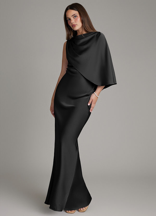 Azazie Darby Bridesmaid Dresses Black Mermaid Pleated Stretch Satin Dress image1