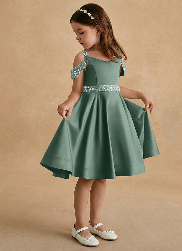 Azazie Judi Flower Girl Dresses Eucalyptus A-Line Matte Satin Dress image1