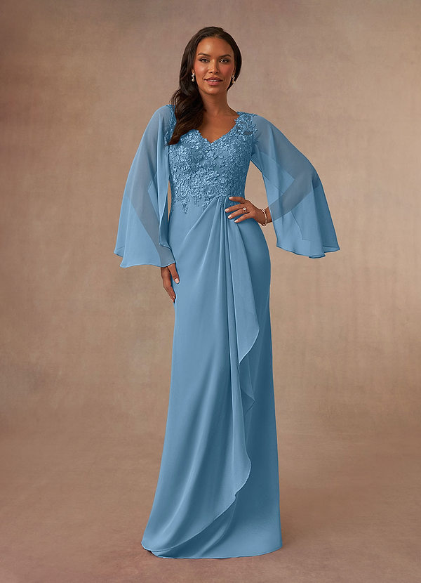 Azazie Perry Brautmutterkleider Meerjungfrau-Linie V-Hals Spitze Chiffon Kleid Stahlblau image1