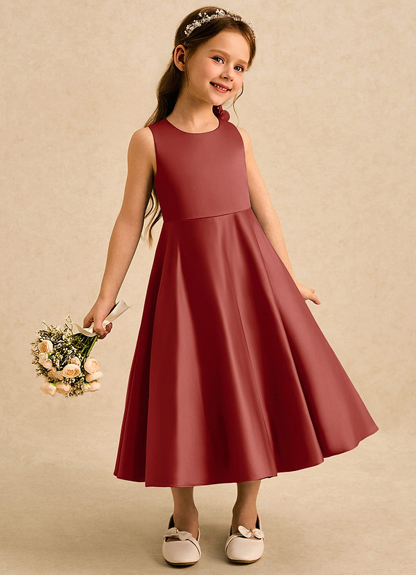 Azazie Kay Flower Girl Dresses Terracotta A-Line Pleated Matte Satin Dress image1