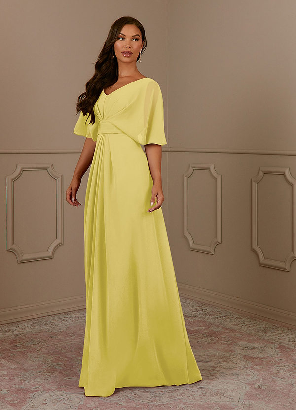 Azazie Oksana Canary A-Line V-Neck Pleated Chiffon Dress | Azazie