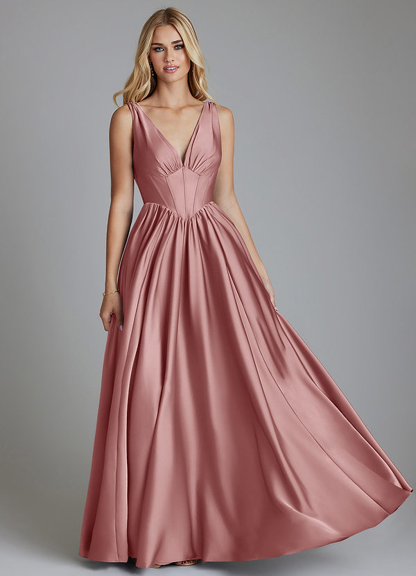 Azazie Delmie Bridesmaid Dresses Dusty Rose A-Line Corset Stretch Satin Dress image1