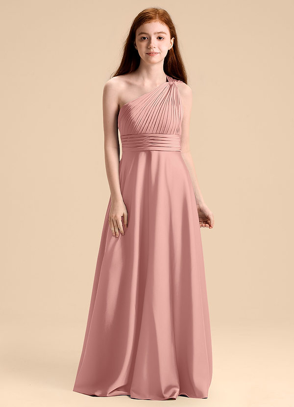 Azazie Charlize Junior Robe Trapèze en Satin extensible Plissée Rosette image1