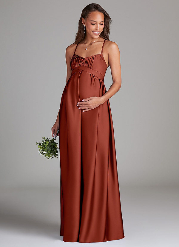 Azazie Llana Maternity Bridesmaid Dresses A-Line Stretch Satin Floor-Length Dress with Pockets image1