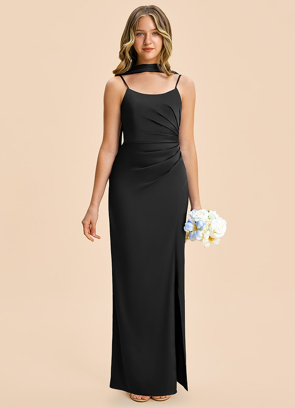 Azazie Calandra Junior Vestido Negro de Satén Elástico de Corte Recto con Plisado image1