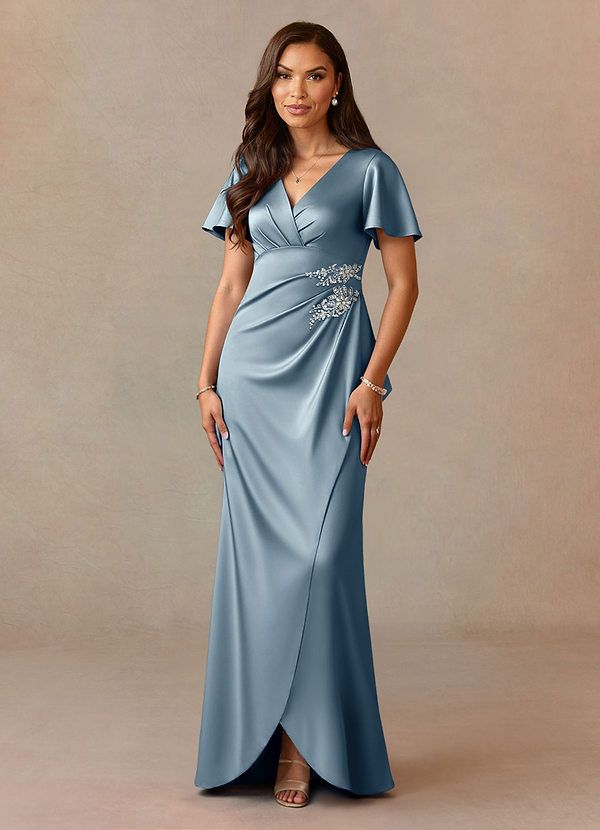 Azazie Robins Mother of the Brides Dresses Dusty Blue A-Line Pleated Stretch Satin Dress image1
