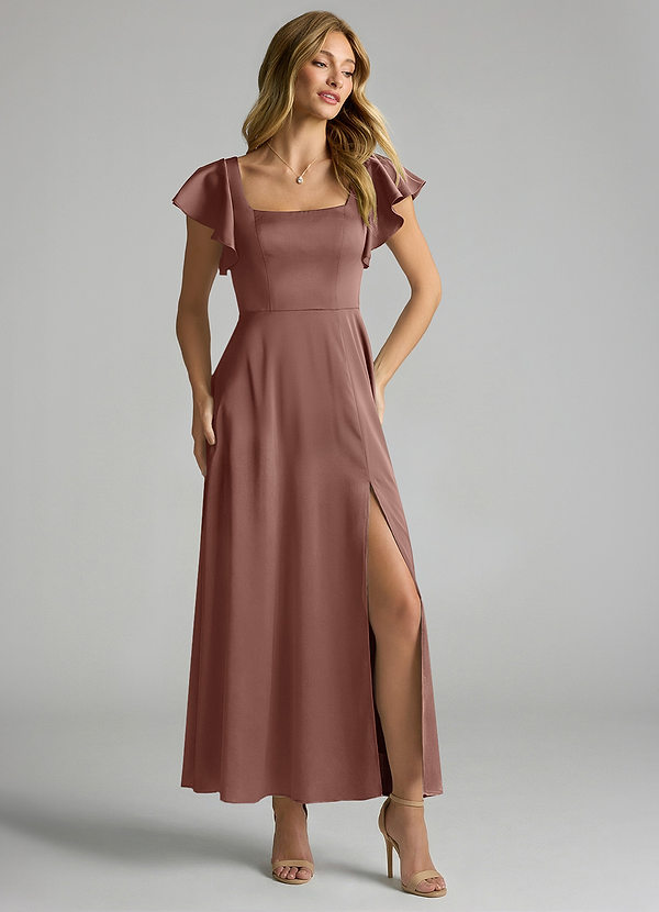 Azazie Bondi 신부 들러리 드레스 A라인 셔링 스트레치 새틴 발목 길이 드레스 image1