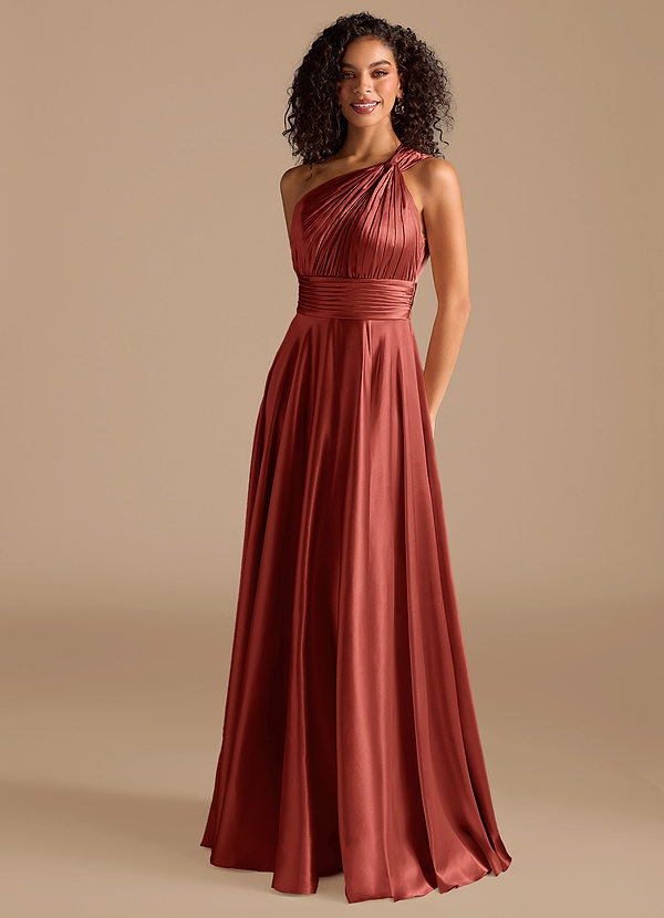 Azazie Charlize Bridesmaid Dresses Terracotta A-Line One Shoulder Metallic Satin Dress image1