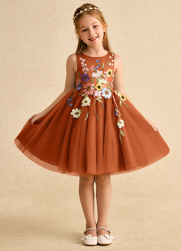 Azazie Prima Flower Girl Dresses Burnt Orange A-Line Bow Tulle Dress image1