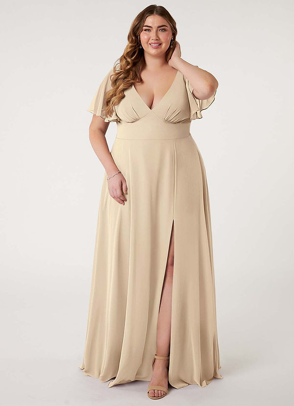 Azazie Kimber Bridesmaid Dresses Champagne A-Line Flounce Sleeve Chiffon Dress image1