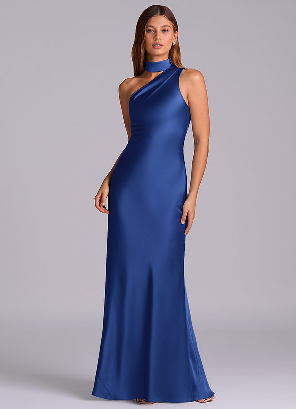 Azazie Seona Robes Demoiselle d'honneur Robe Sirène en Satin extensible Une épaule Bleu Roi image1