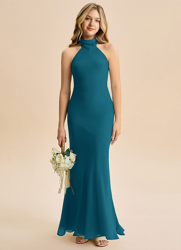 Azazie Velli Junior Ink Blue Mermaid High Neck Chiffon Dress image1