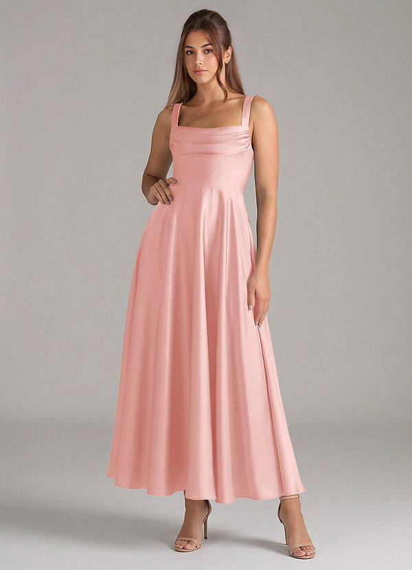 Azazie Shaude Bridesmaid Dresses Powder Pink A-Line Pleated Stretch Satin Dress image1