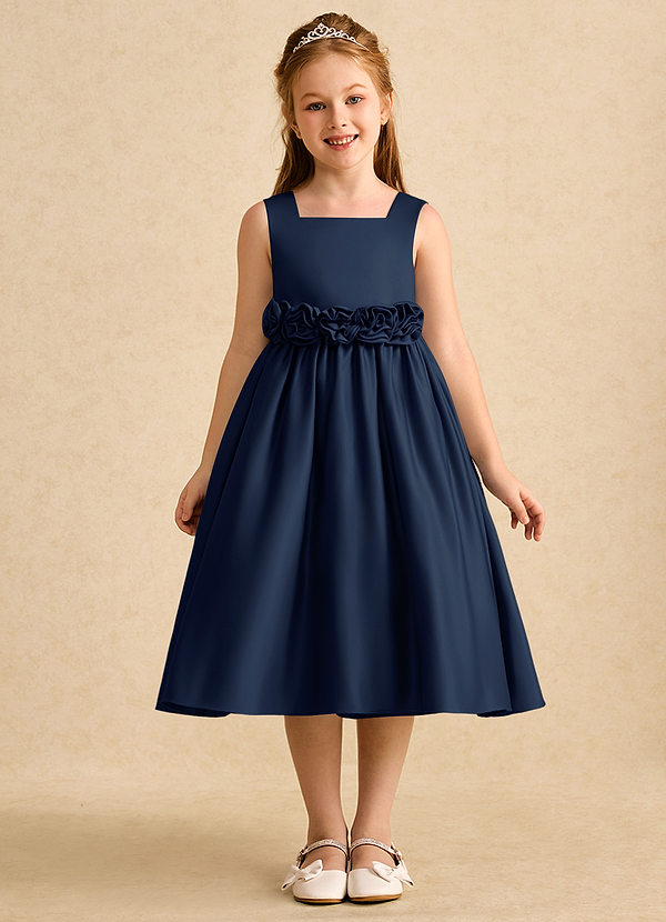 Azazie Peaches Flower Girl Dresses Dark Navy A-Line Bow Matte Satin Dress image1