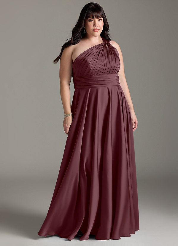 Azazie Charlize Bridesmaid Dresses Sangria A-Line One Shoulder Stretch Satin Dress image1