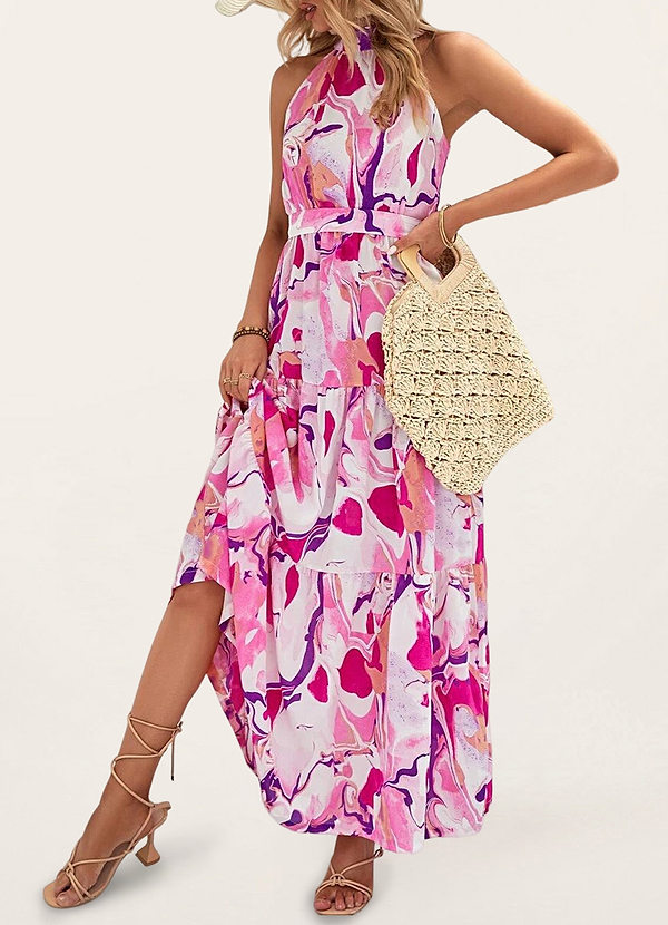 back Best Times Pink Floral Print Halter Maxi Dress