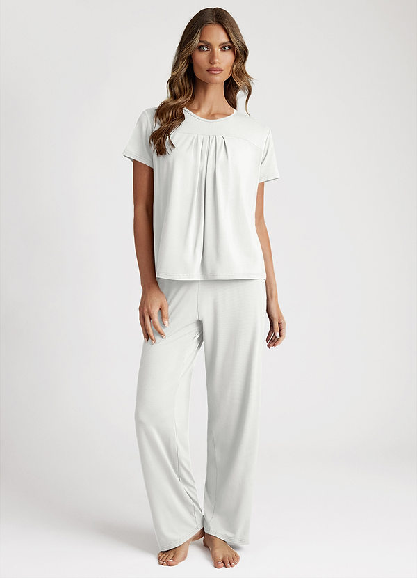 front Biały Bamboo Fiber Pleated T-Shirt and Pants Pajama Set