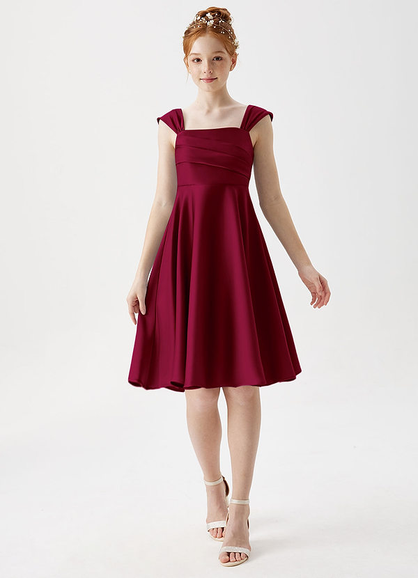 Azazie Amira Junior Burgundy A-Line Pleated Stretch Satin Dress image1