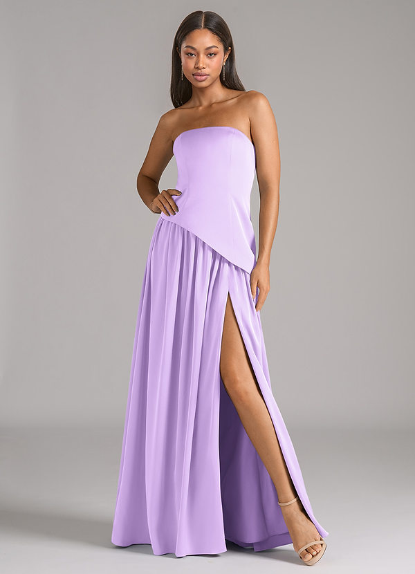 Azazie Adeline Robes Demoiselle d'honneur Robe Trapèze Convertible en Satin extensible Sans bretelle Lilas image1