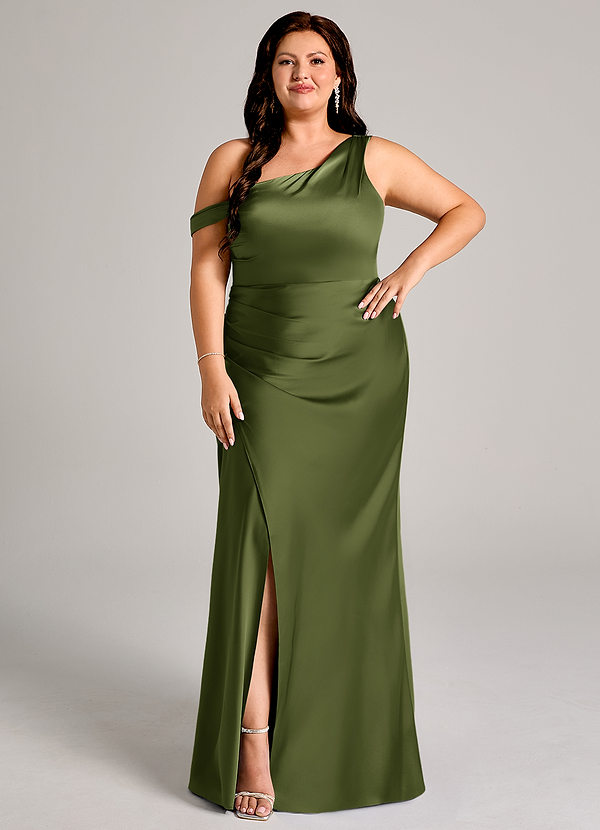 Azazie Madelyn Bridesmaid Dresses Olive Mermaid One Shoulder Stretch Satin Convertible Dress image1
