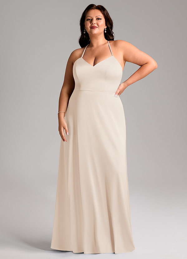 Azazie Mei Abiti da Damigella Abito A-Line in Raso Elasticizzato con Scollo a V Alabastro Bianco image1