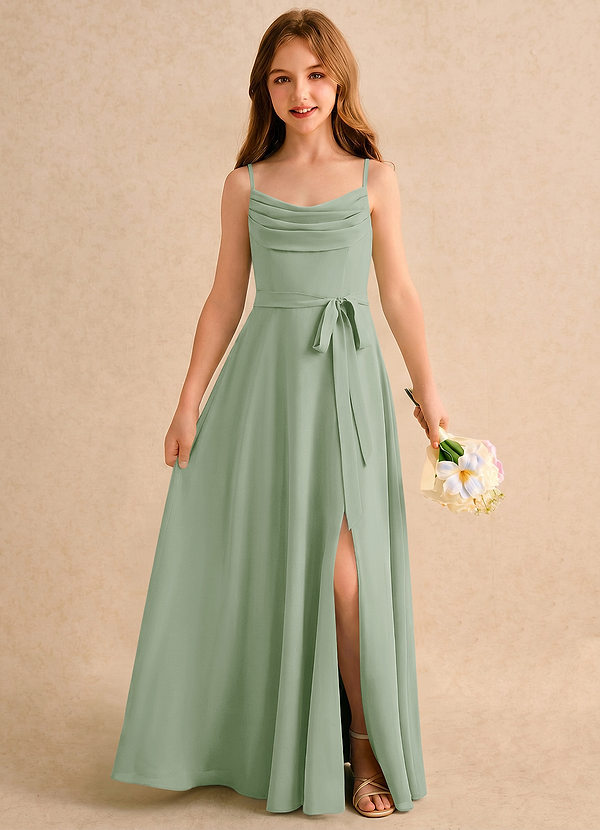 Azazie Jasslyn Girls Formal Bloemenmeisjesjurken A-Lijn Jurk van Chiffon Geplooide Stoffige Salie image1
