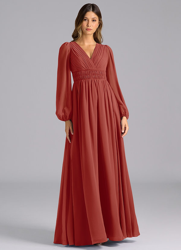 Azazie Palerma Bridesmaid Dresses Terracotta A-Line Long Sleeve Chiffon Dress image1