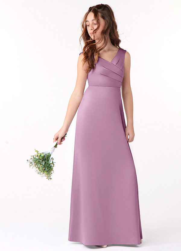 Azazie Sadia Junior Wisteria A-Line Pleated Stretch Satin Dress image1