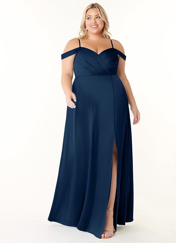 Azazie Ocean Bridesmaid Dresses Dark Navy A-Line V-Neck Pleated Stretch Satin Dress image1