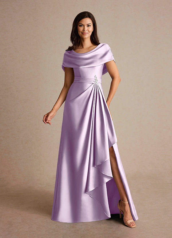 Azazie Branford Vestidos de Madre de la Novia Vestido de Lila Esmerilada de Satén Elástico de Corte En A con Plisado image1