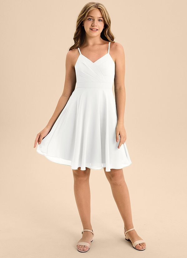Azazie Avelina Junior White A-Line Pleated Chiffon Dress image1