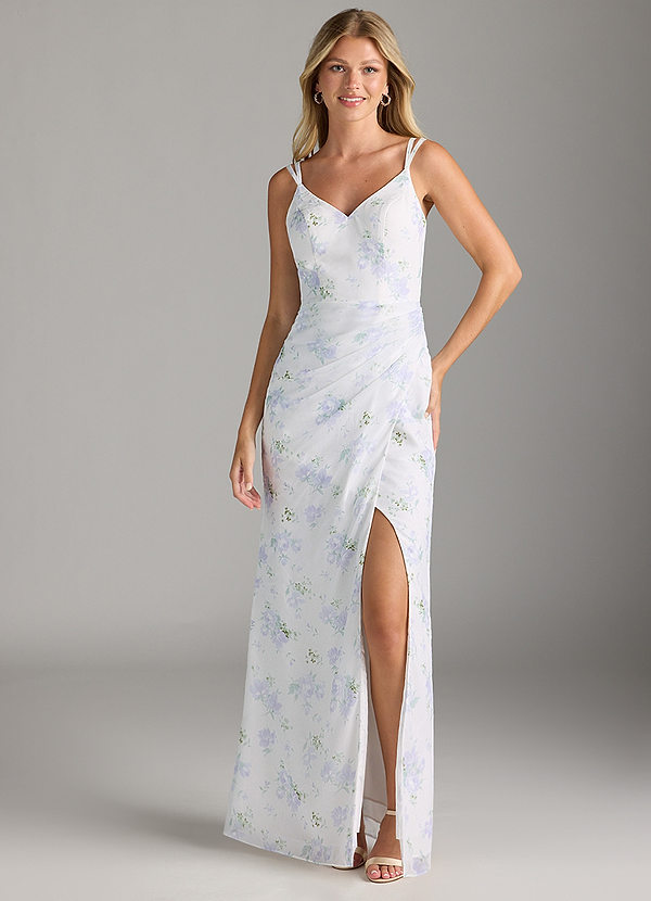 Azazie Leo Bridesmaid Dresses Blue Vintage Floral Mermaid V-Neck Pleated Chiffon Dress image1