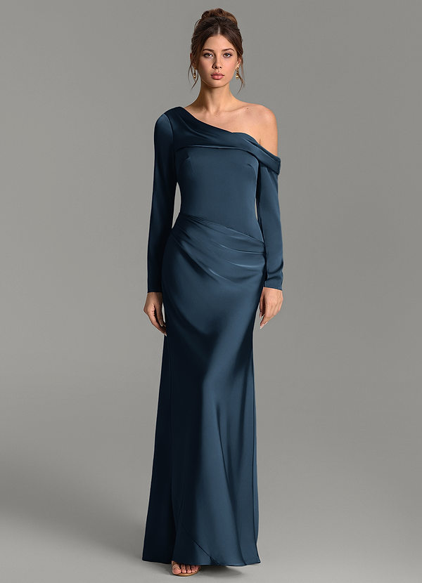 Azazie Sandra Bridesmaid Dresses Dark Navy Mermaid Long Sleeve Stretch Satin Dress image1