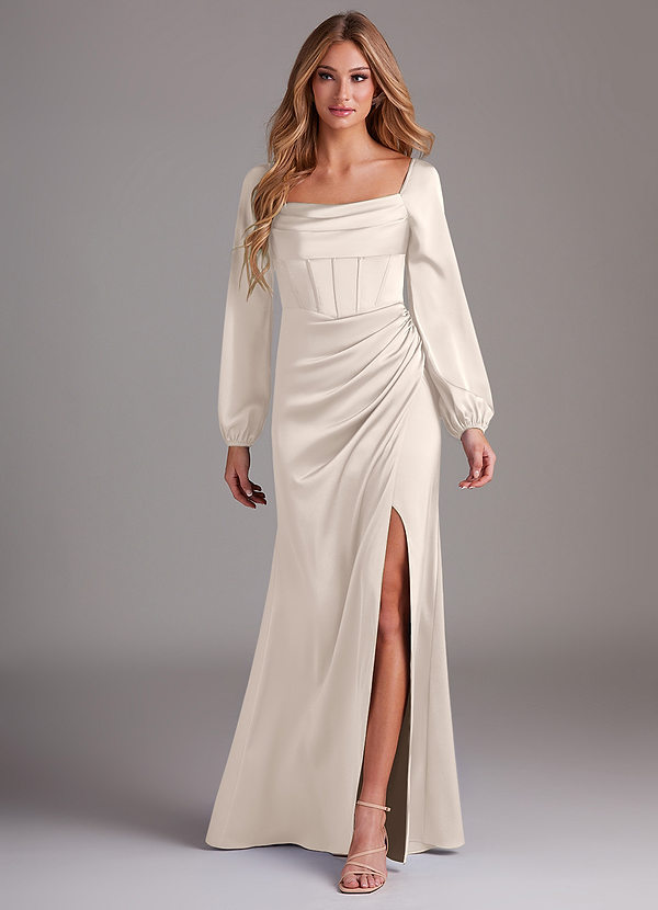 Azazie Charissa Bridesmaid Dresses White Alabaster Sheath Long Sleeve Stretch Satin Dress image1