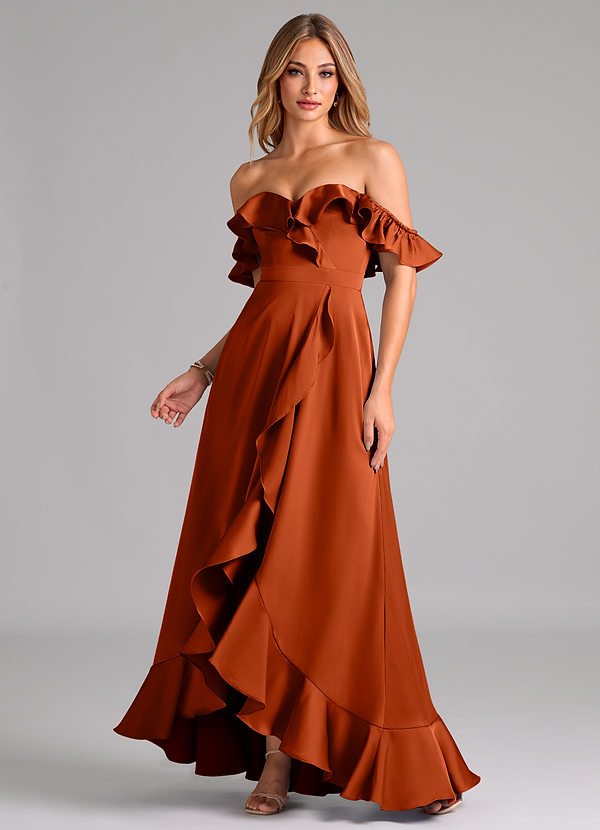 Azazie Lyra Bridesmaid Dresses Paprika A-Line Off the Shoulder Stretch Satin Convertible Dress image1