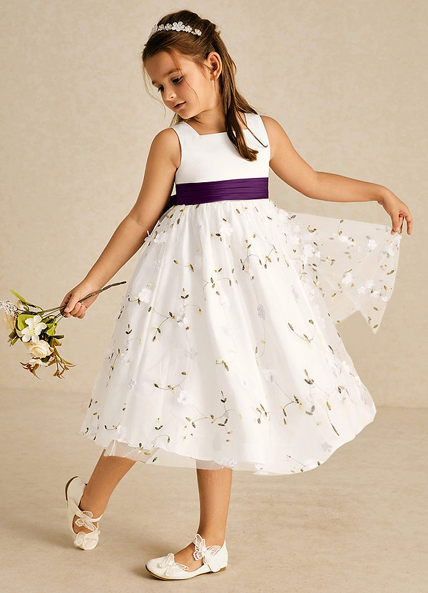Azazie Pollie Flower Girl Dresses Ivory Grape A-Line Bow Tulle Dress image1