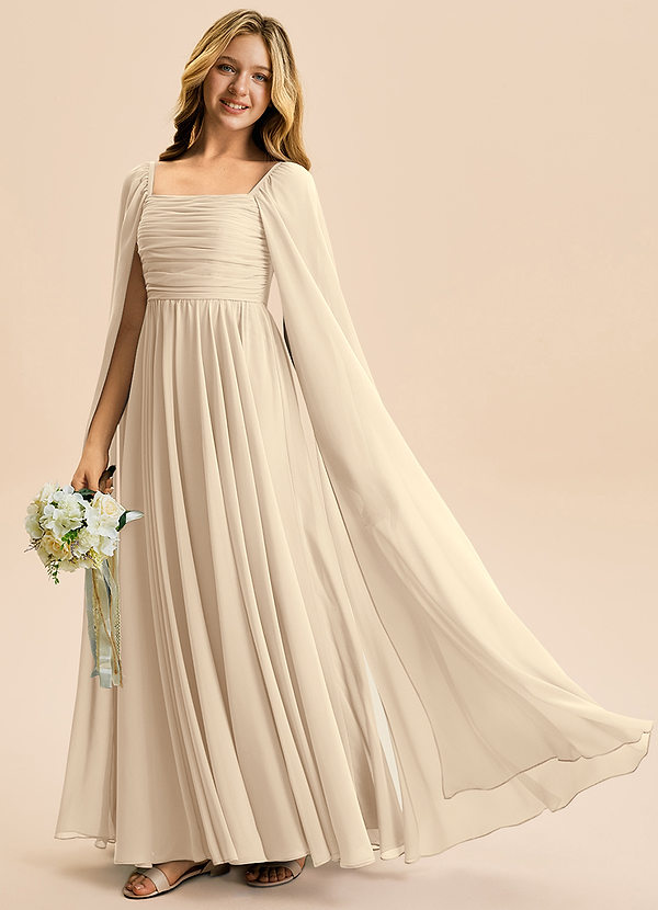 Azazie Calista Junior Vestido Champanhe de Chiffon de Linha A com Plissado image1