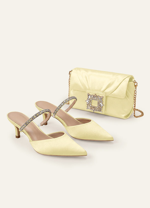 front Matching Color Stretch Satin Rhinestone Slip-on Kitten Heels & Clutch Set