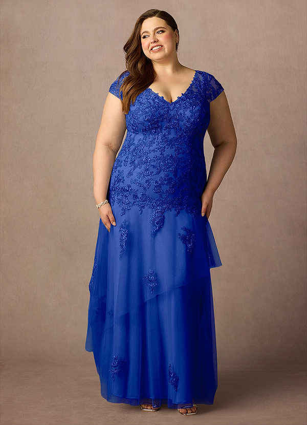 Azazie Romy Mother of the Brides Dresses Royal Blue Mermaid V-Neck Sequins Tulle Dress image1