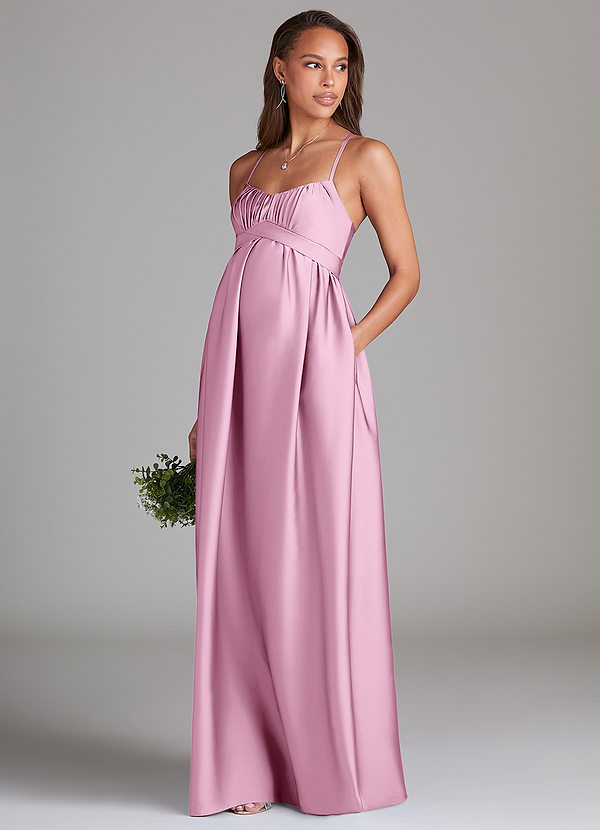 Azazie Llana Maternity Bridesmaid Dresses A-Line Stretch Satin Floor-Length Dress with Pockets image1